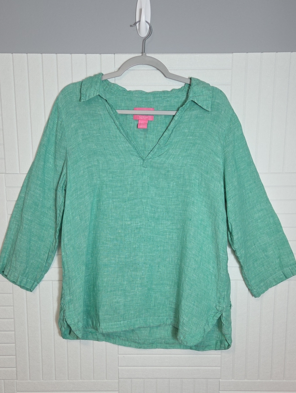 Isaac Mizrahi 100% Linen V-Neck Collared Shirt Size L
